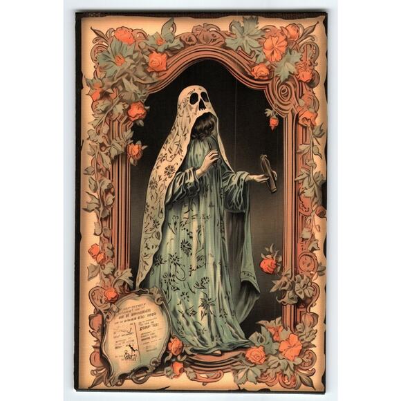 Vintage Halloween Postcard Ghost in Floral Frame Photochrome Chrome Fantasy - Picture 1 of 2